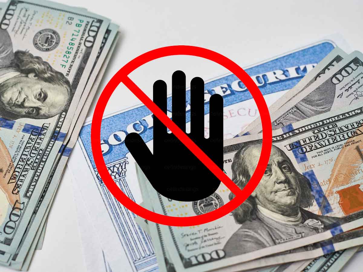 Red prohibition symbol with a raised hand overlays a Social Security card and stacks of $100 bills, illustrating potential payment freezes for beneficiaries who skip the new Login.gov requirement