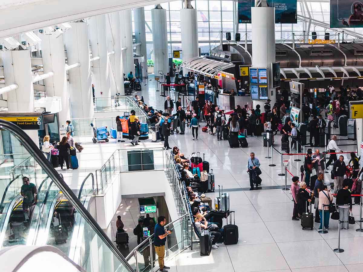 Crowded departure hall at major US airport as travelers gear up for REAL ID deadline before boarding domestic flights