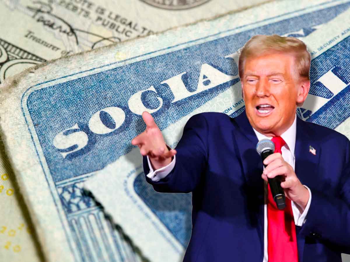 Donald Trump speaks in front of a Social Security card backdrop, illustrating new rules that force survivor-benefit applicants to verify identity in person