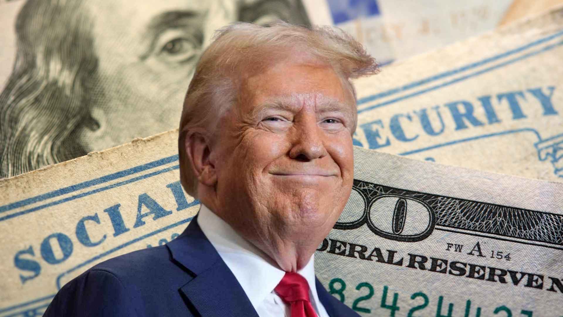 Smiling man in suit with red tie against Social Security card and U.S. currency, symbolizing 2025 benefit and work-year rules
