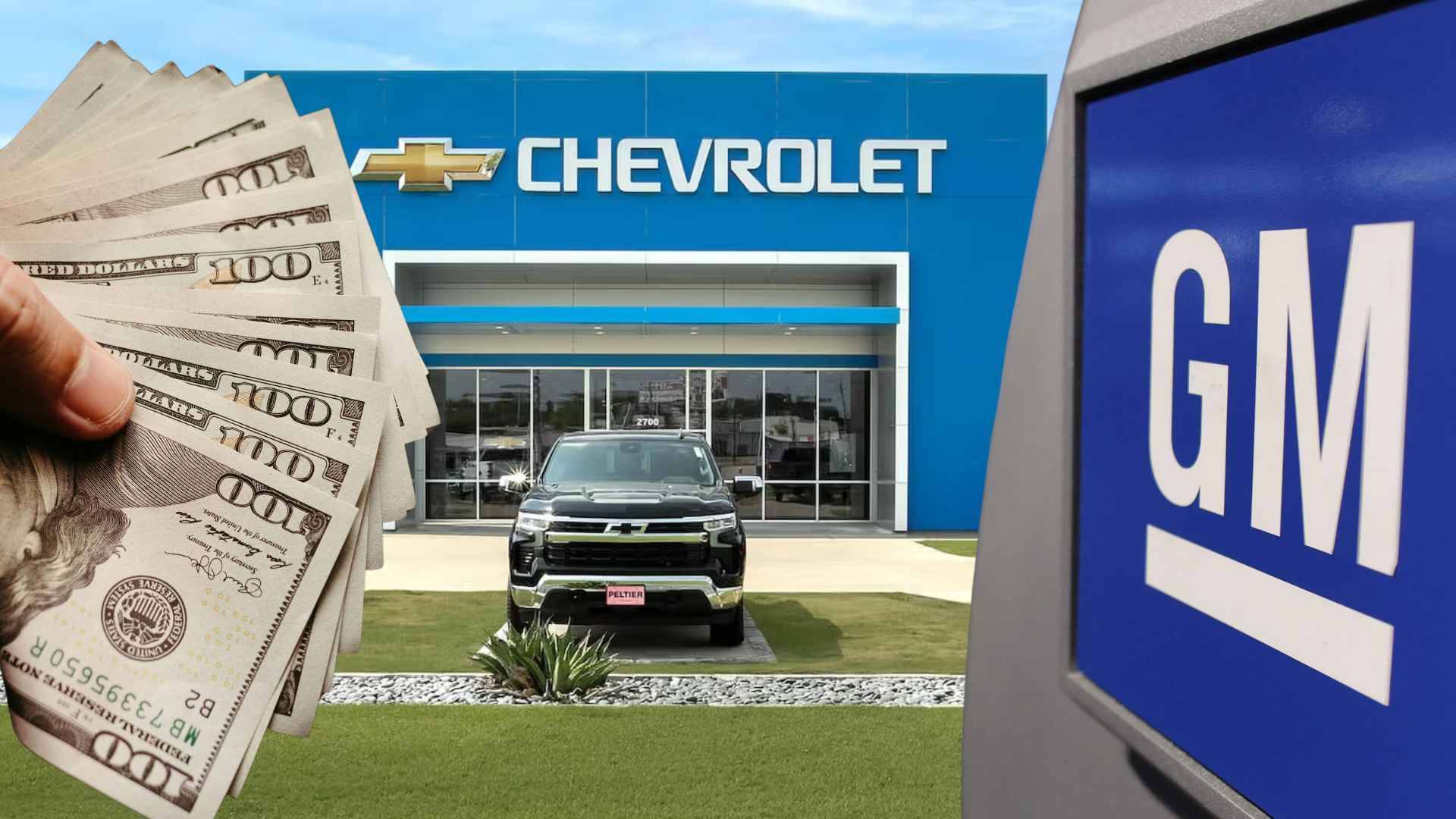 Stacks of $100 bills in front of a Chevrolet dealership, a Chevy Silverado pickup, and a GM sign—illustrating GM’s $12,700 payout for CP4 pump failures.