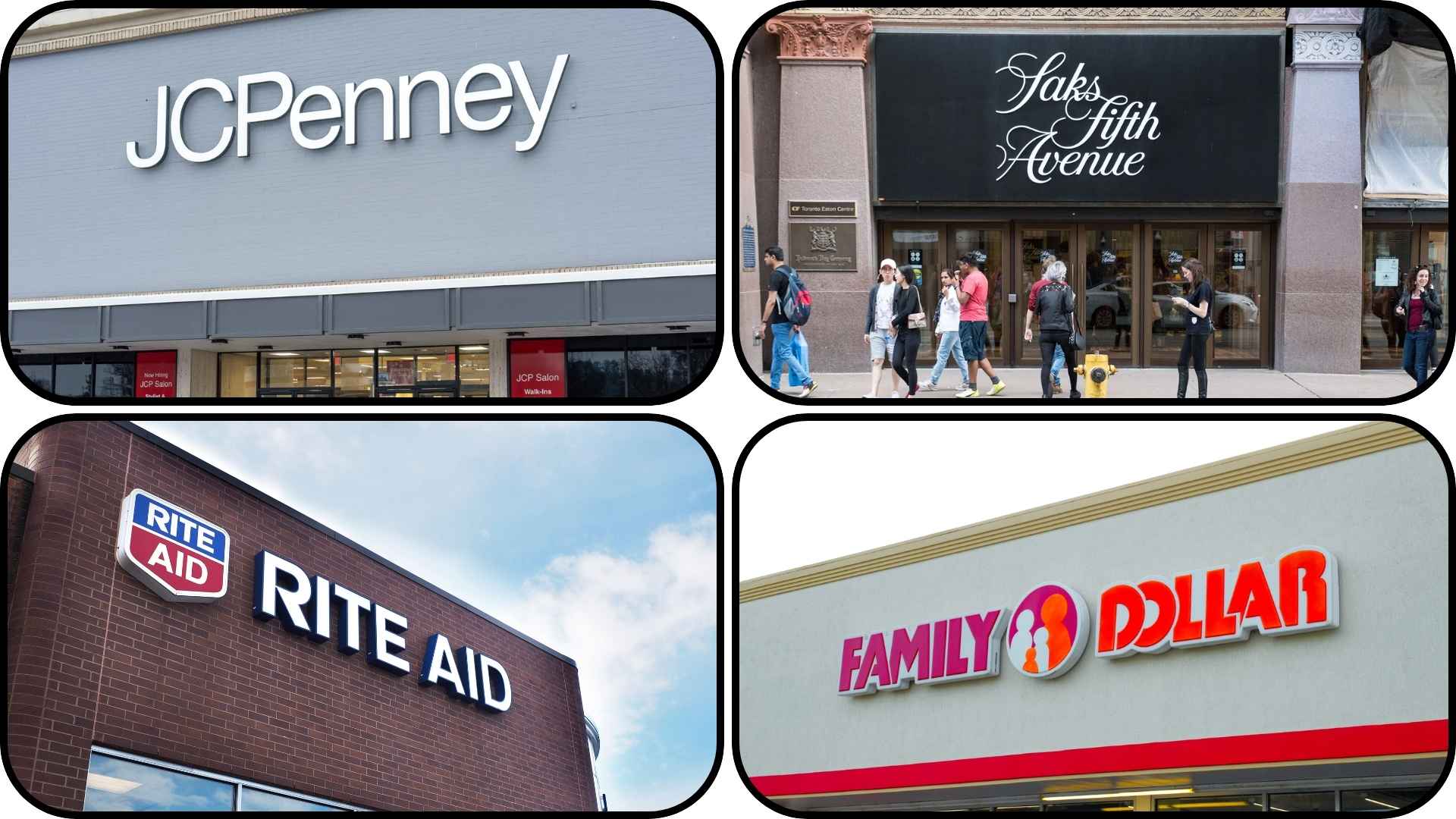 Collage of storefront signs for JCPenney, Saks Fifth Avenue, Rite Aid and Family Dollar illustrating major May closures