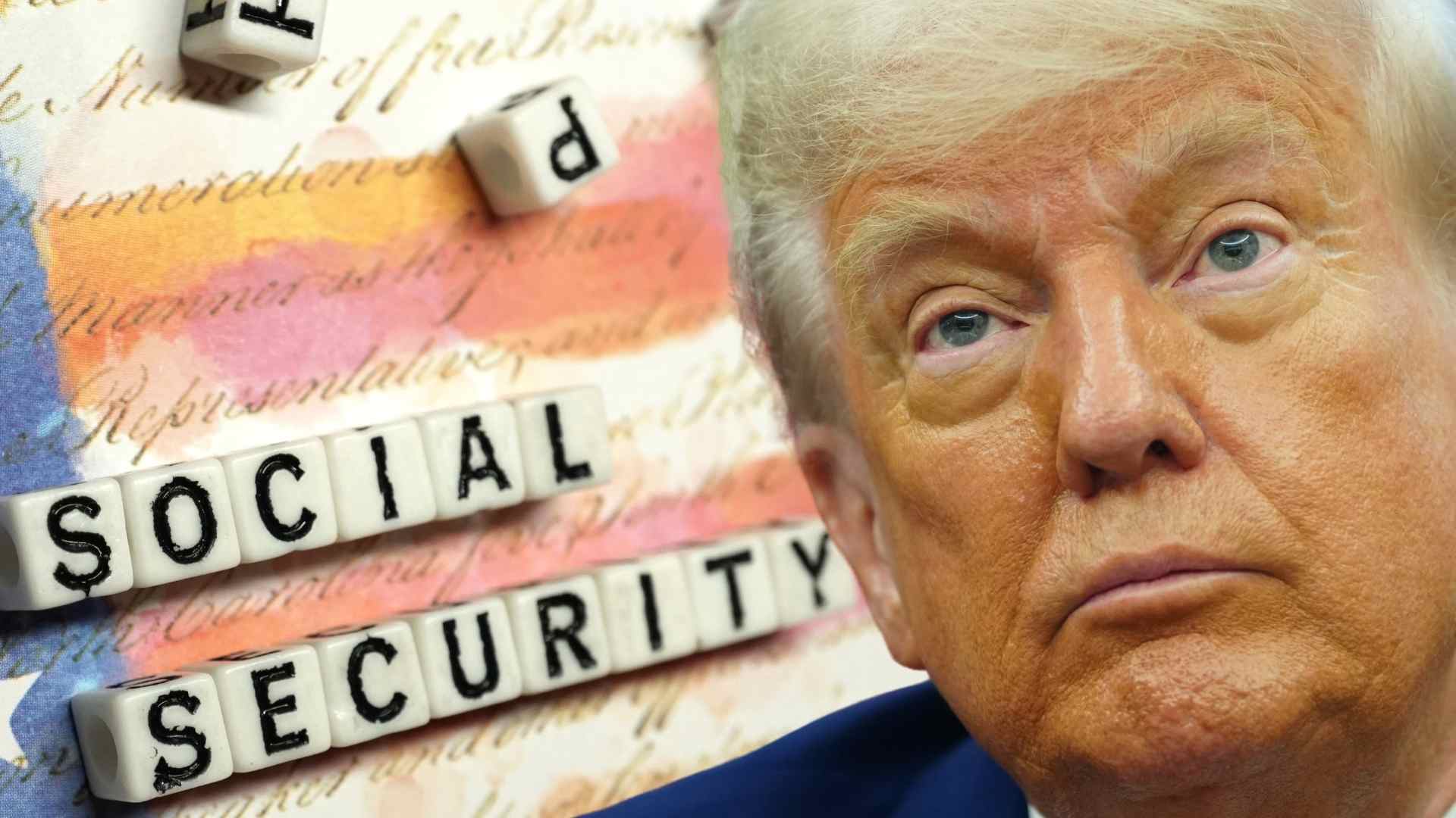 Close-up of Donald Trump next to Scrabble tiles spelling “Social Security,” illustrating proposals to raise the retirement age and trim benefits.