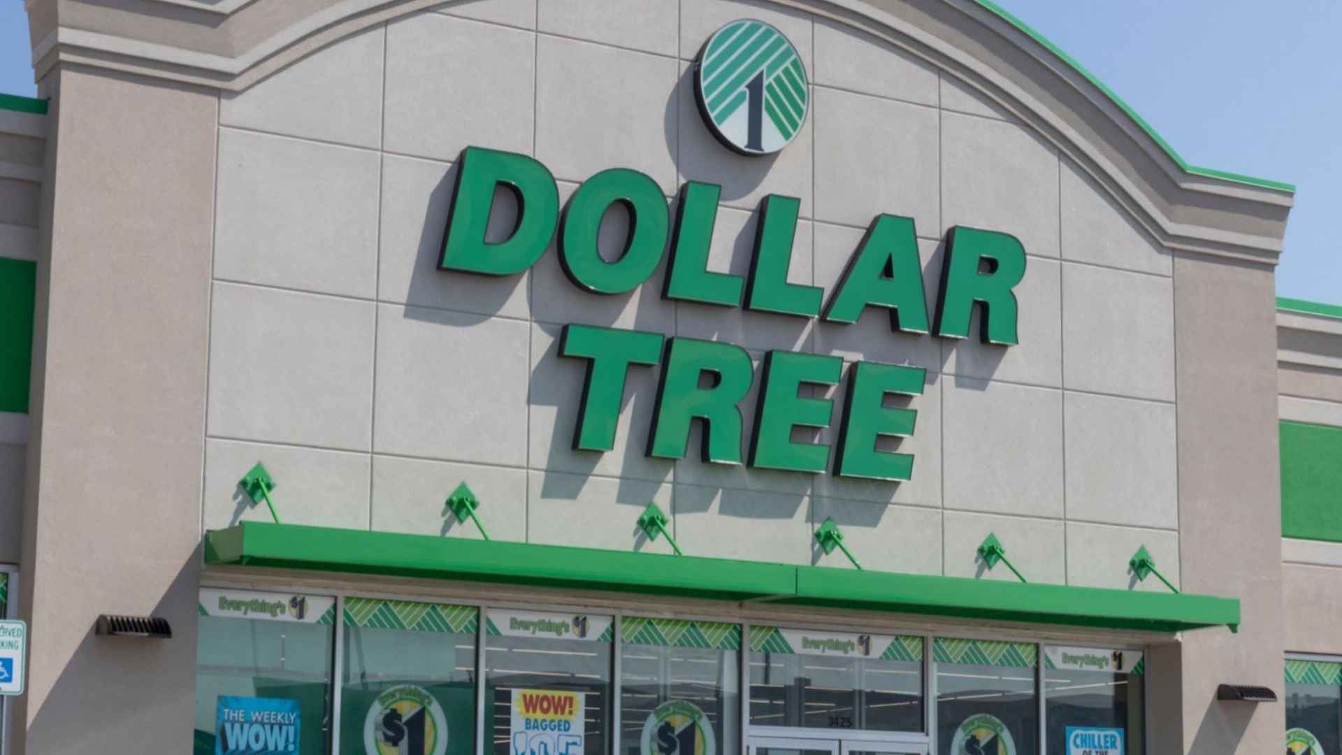 Dollar Tree storefront with green “Dollar Tree” signage above the entrance