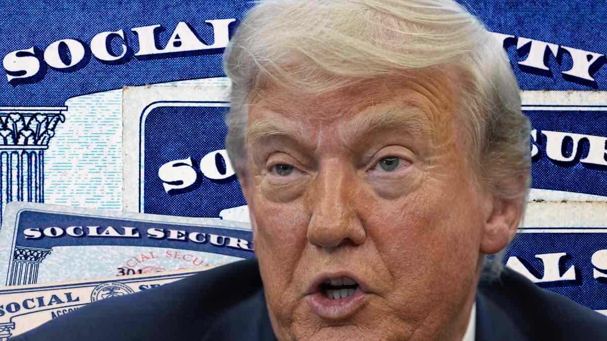 Social Security cards behind Donald Trump, illustrating SSA’s three new requirements for May retirement checks