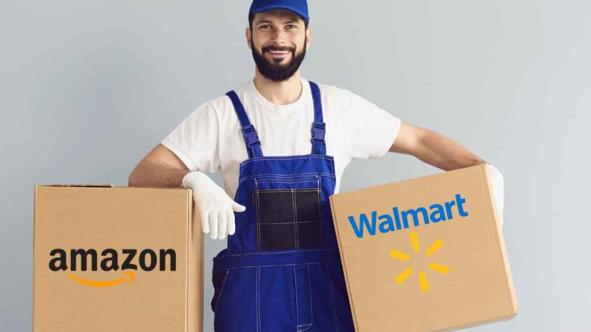Image of a delivery employee carrying Amazon and Walmart parcels, symbolizing the companies’ cost-saving policy that refunds customers while letting them keep certain returns.