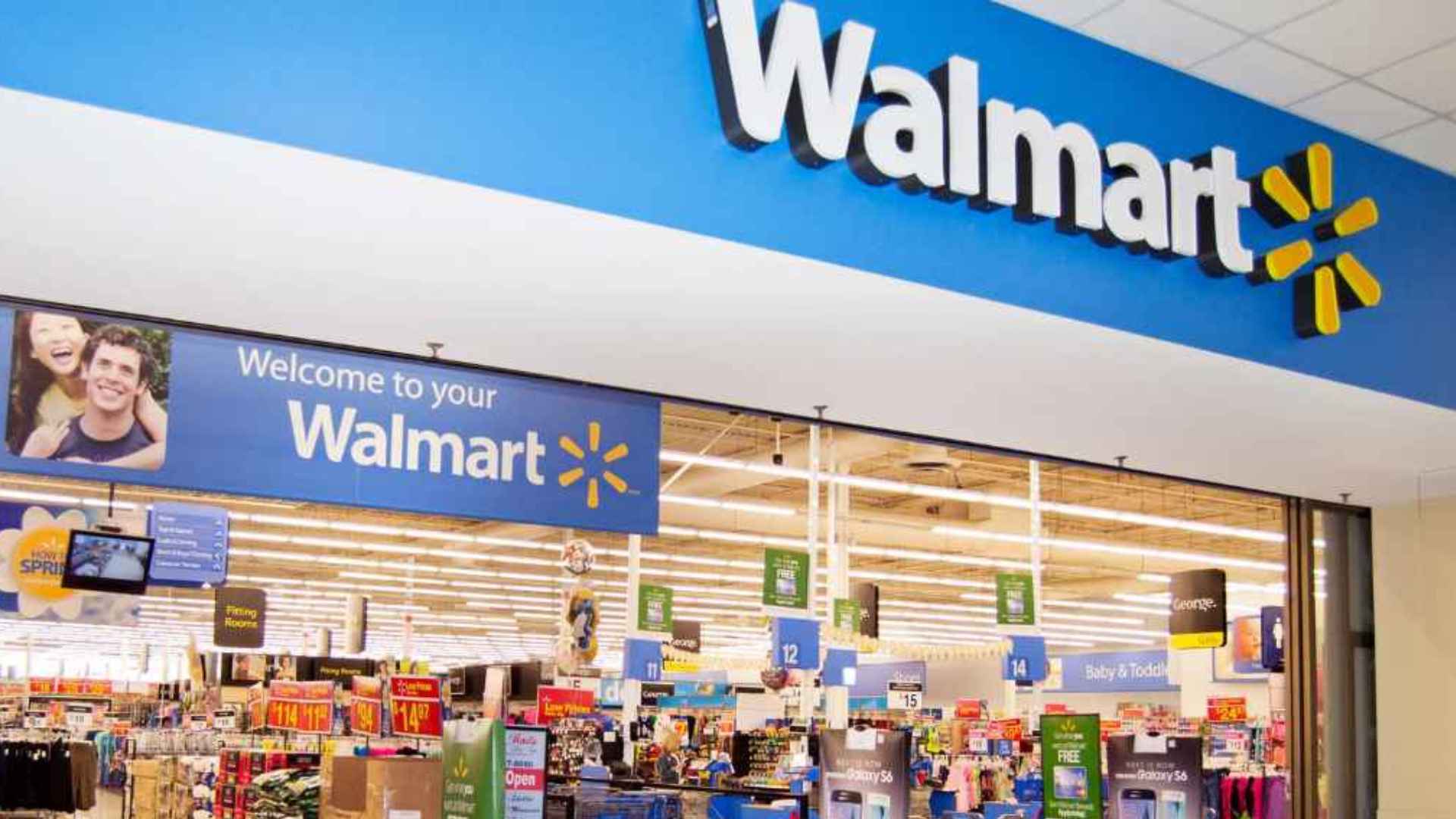 Entrance of a Walmart Supercenter with “Welcome to your Walmart” banner, illustrating stores slated to close in six U.S. states in 2025.