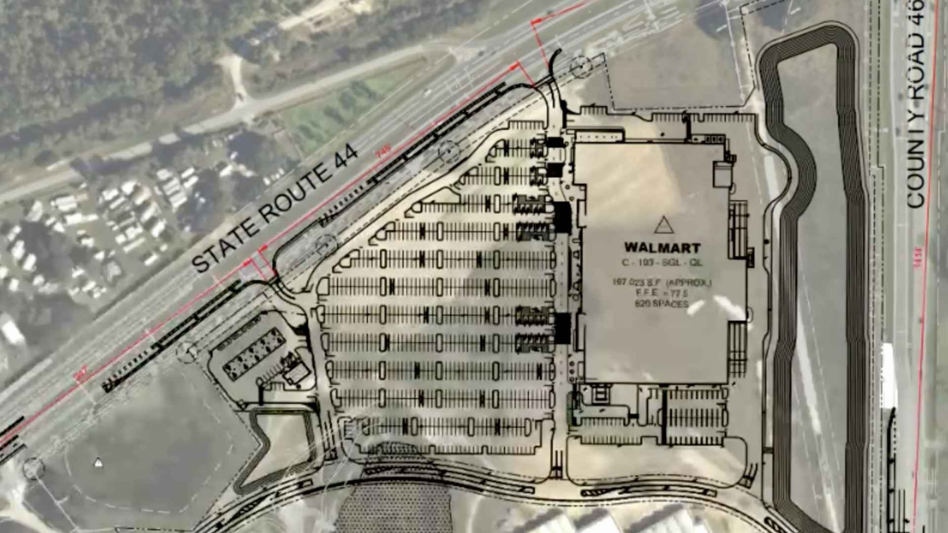 Site plan map of Walmart 90,000-square-meter Jacksonville Florida megacenter along State Route 44 and County Road 46