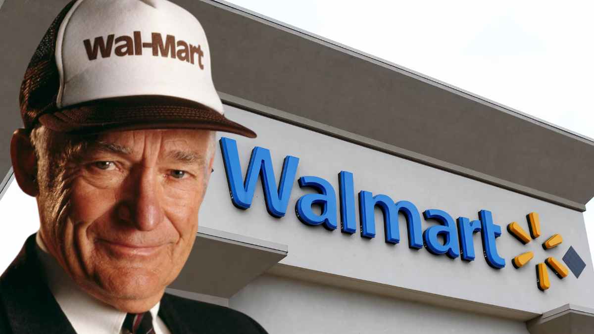 Walmart founder in Wal-Mart cap standing before a modern Walmart storefront ahead of 2025 customer notice