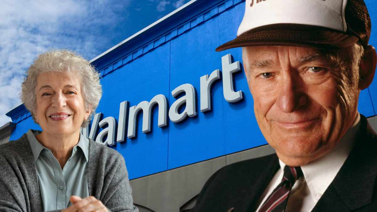 Smiling senior shoppers in front of a Walmart store after the retailer’s official notice for older adults