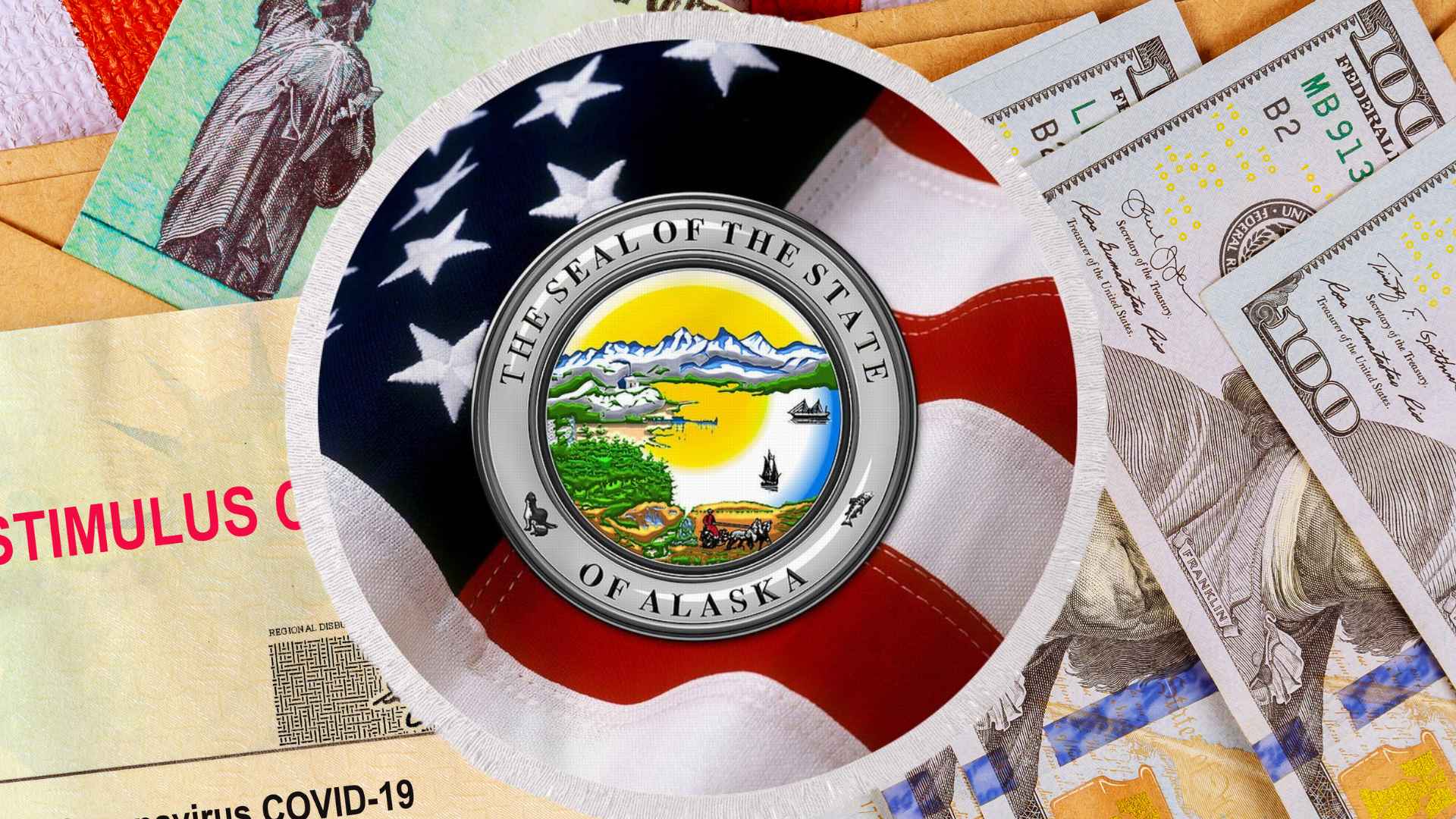 Alaska seal over U.S. flag and cash illustrates $1,702 Permanent Fund Dividend payments arriving in three installments