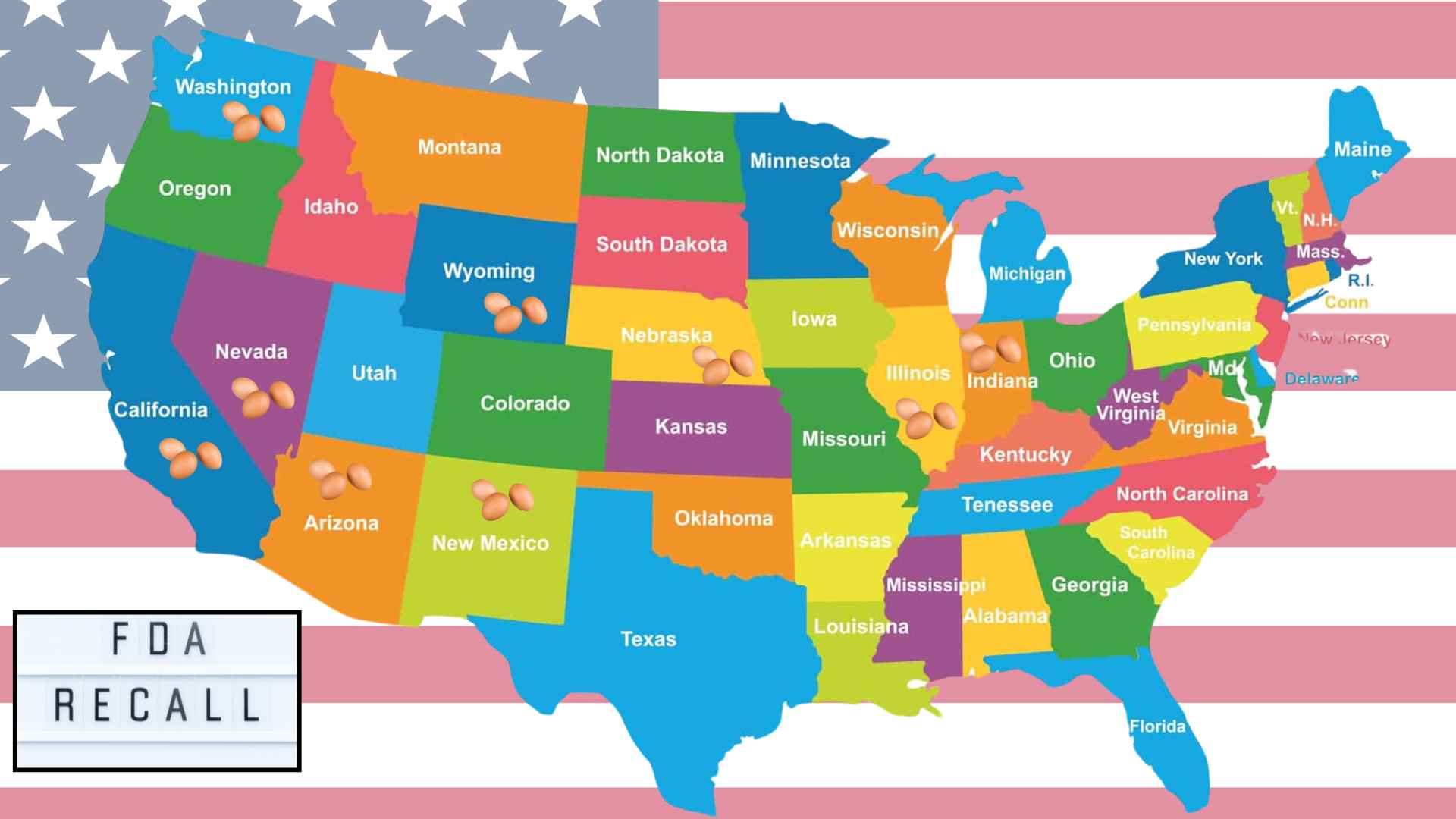 "Illustrated U.S. map with egg icons on nine states affected by FDA brown cage‑free egg recall: Washington, California, Nevada, Arizona, New Mexico, Wyoming, Nebraska, Illinois, Indiana