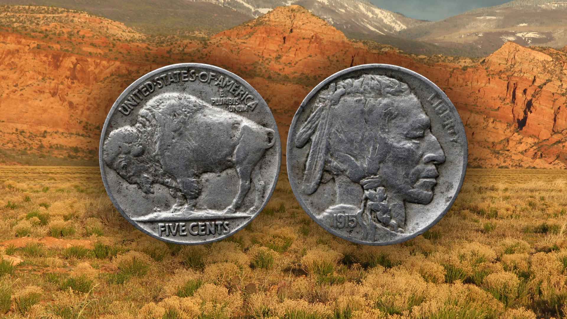 two worn 1915 buffalo nickel coins showing obverse and reverse against a desert landscape