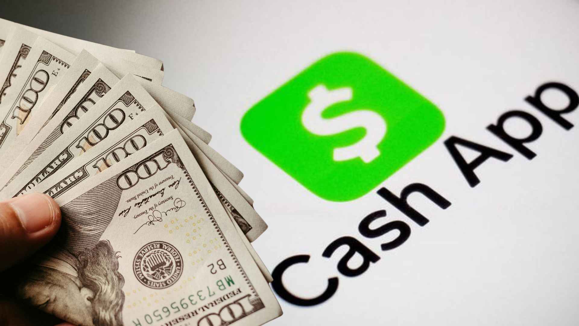 Hand holding US dollar bills in front of the Cash App logo