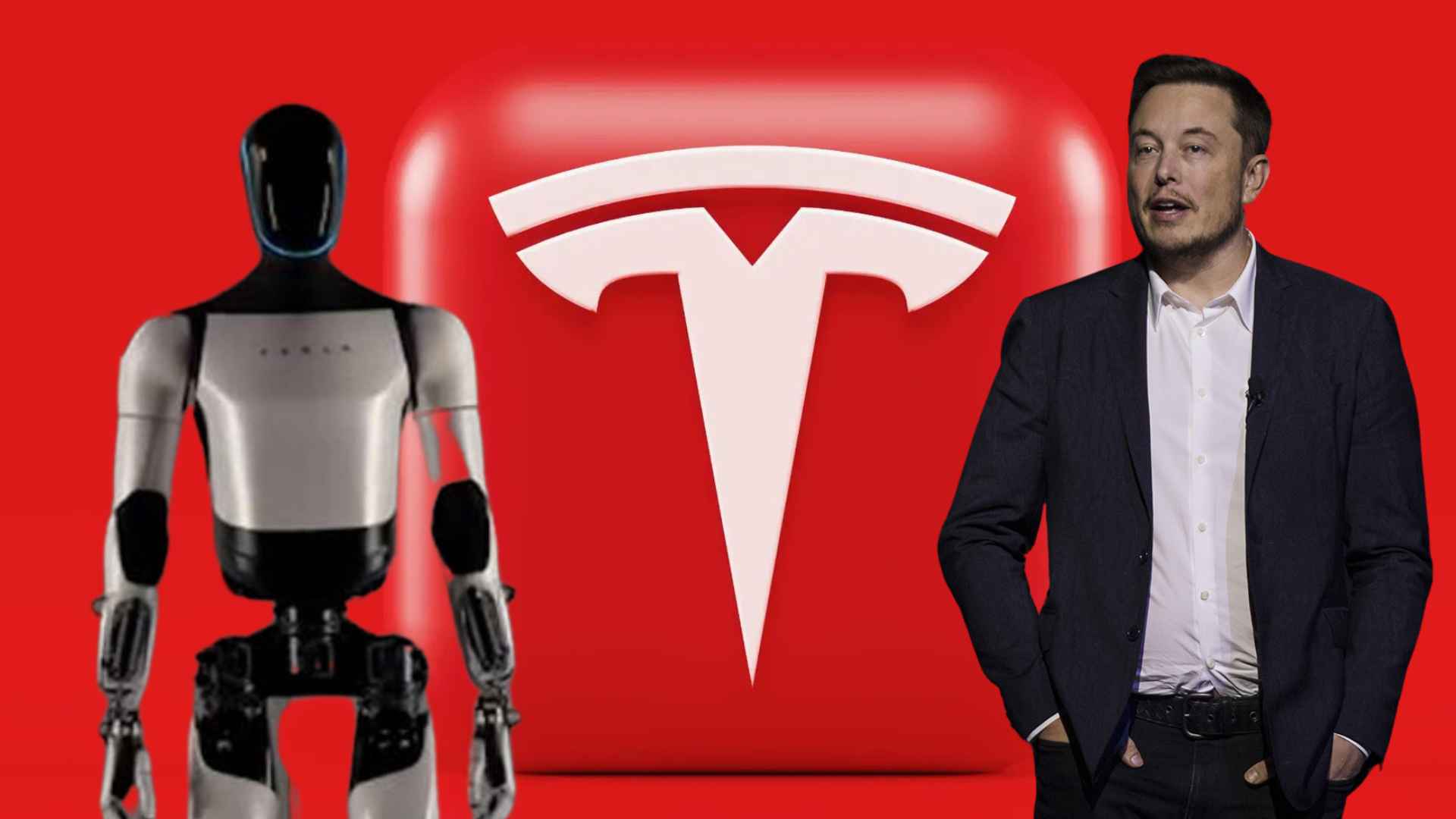 Tesla Optimus humanoid robot prototype with the Tesla logo and Elon Musk standing nearby.