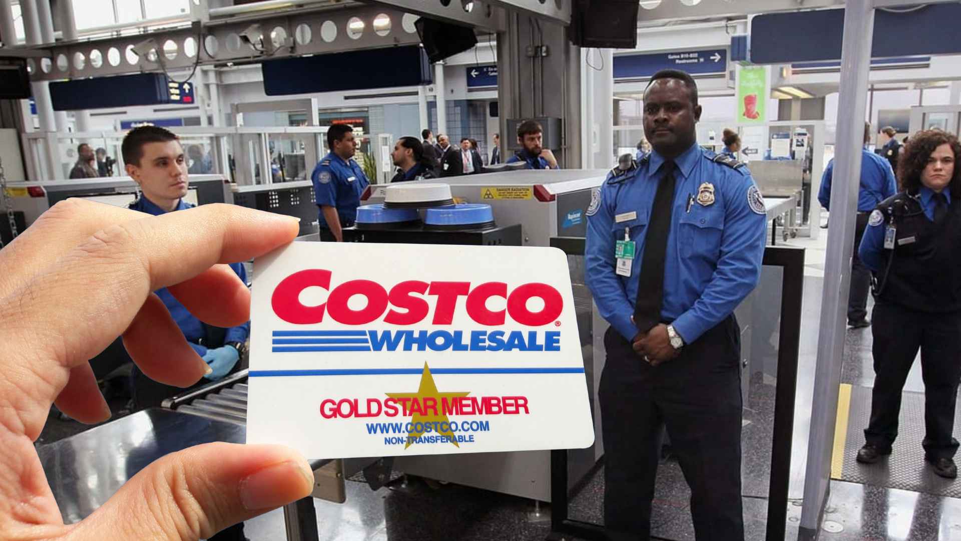 Hand holding a Costco wholesale gold star membership card in front of TSA officers at an airport security checkpoint