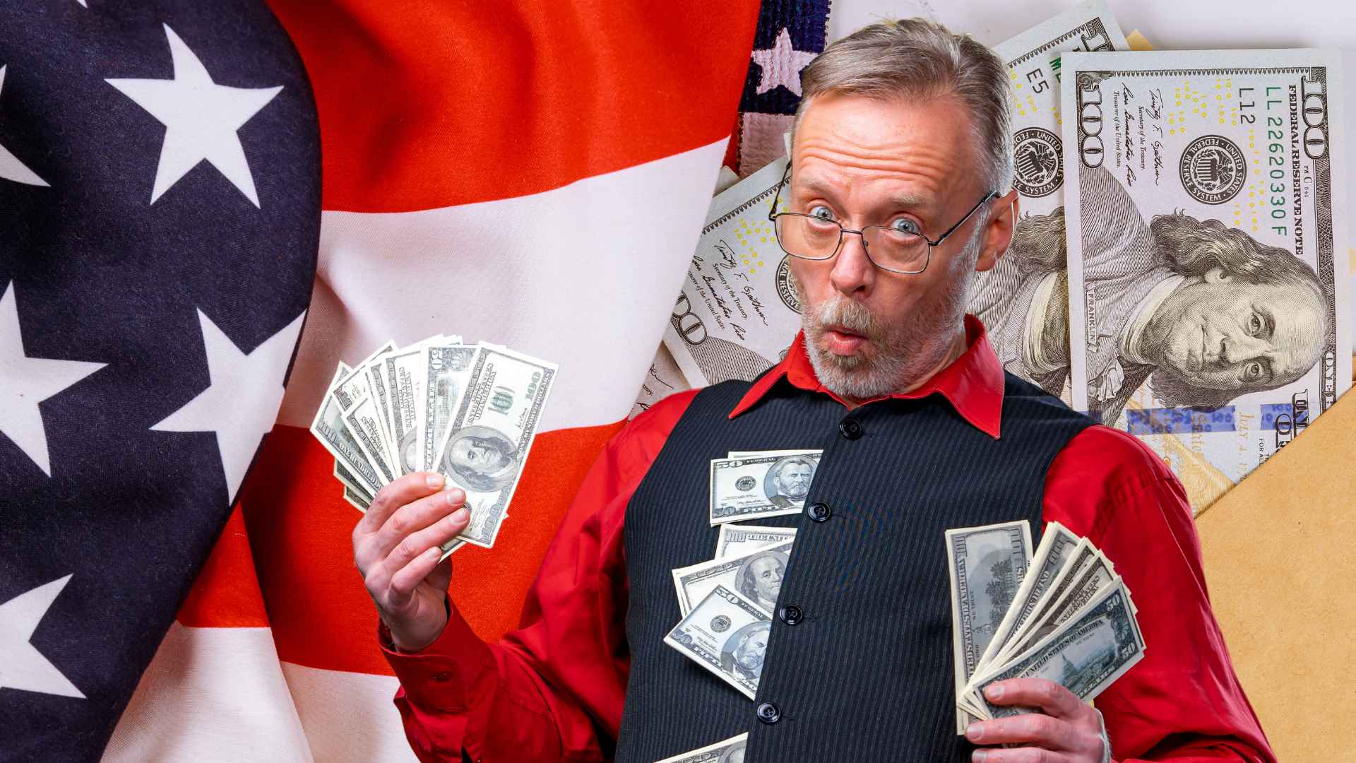 Man fanning hundred-dollar bills before a U.S. flag, symbolizing Sacramento’s $725 FFESP monthly aid for families in select ZIP codes.