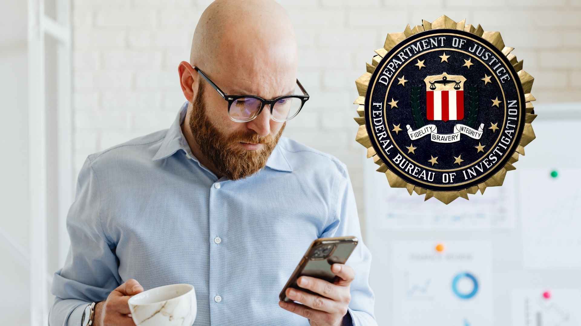 Man looking at smartphone with FBI seal, illustrating urgent scam text warning to smartphone users.