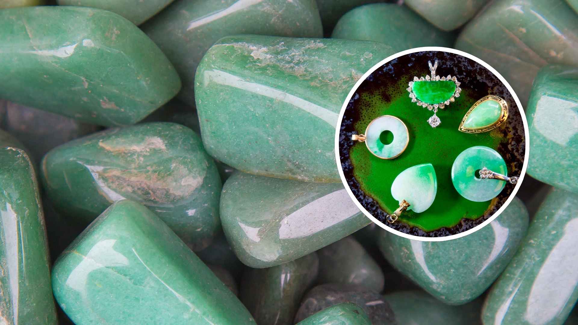 Assorted polished jadeite gemstones and jadeite jewelry pieces showcasing deep imperial green hues