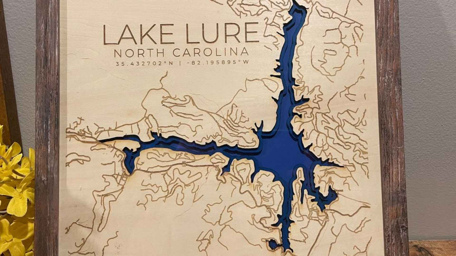 Map of Lake Lure, North Carolina highlighting water routes and surrounding terrain