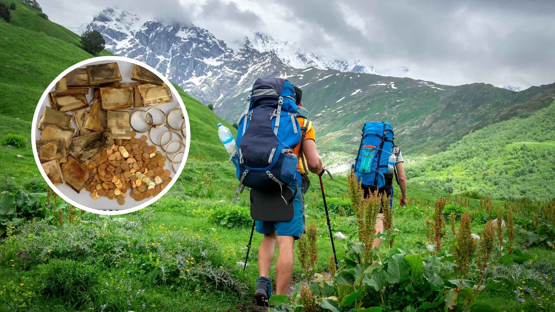 Two hikers in the lush Podkrkonoší Mountains trek past alpine peaks while an inset shows the rusty box’s 598 Austro-Hungarian gold coins and jewelry worth $340,000.