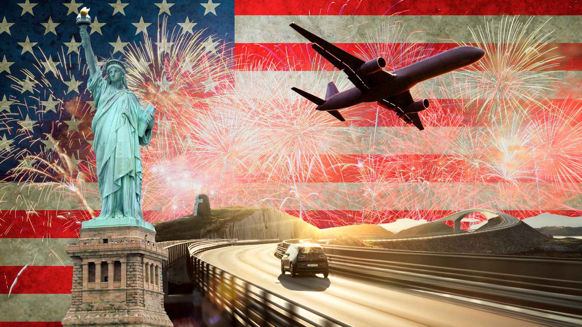 Statue of Liberty with fireworks, airplane, and highway symbolizing record-breaking July 4th 2025 travel in the U.S.