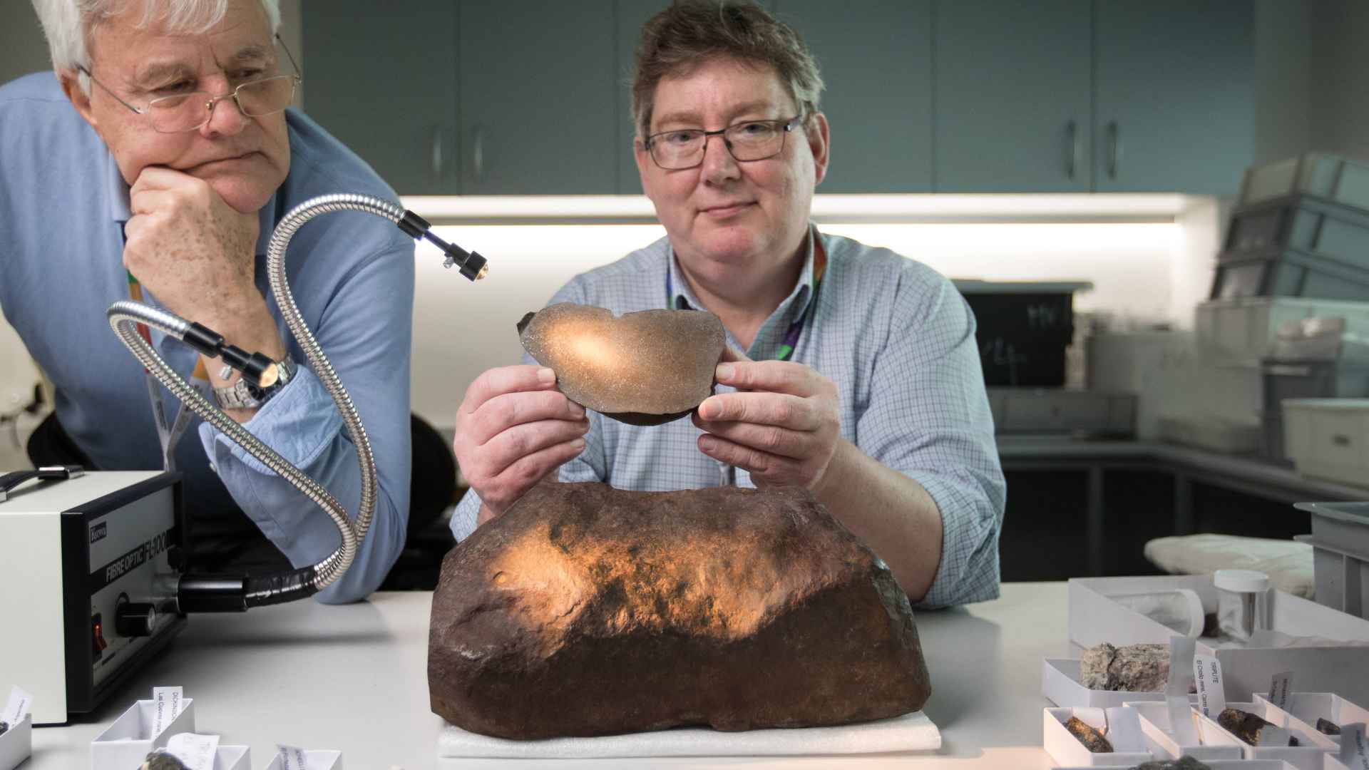 Scientist holds a sliced section of the 17-kg Maryborough meteorite once mistaken for a gold nugget by prospector David Hole.