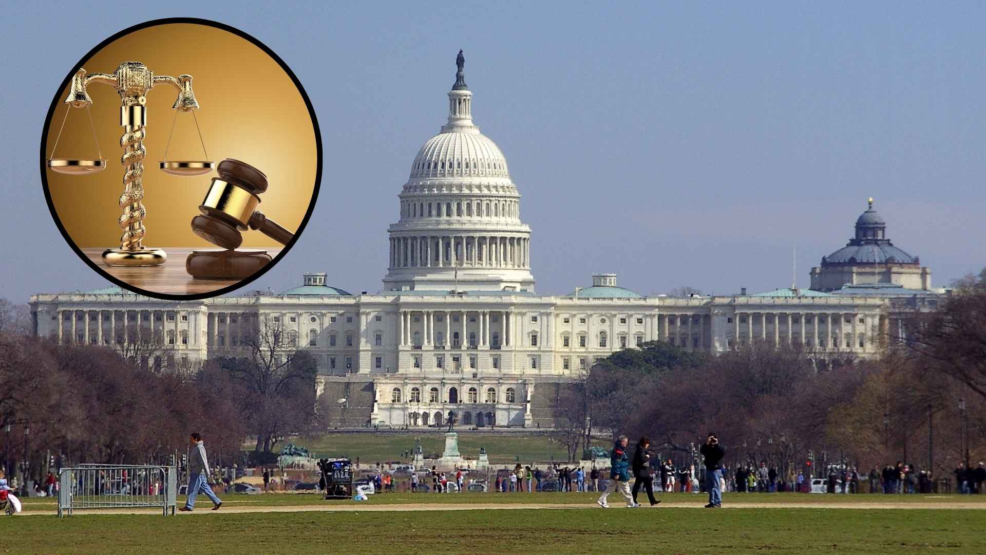 U.S. Capitol building with justice scale and gavel overlay symbolizing new Washington state laws effective July 1, 2025