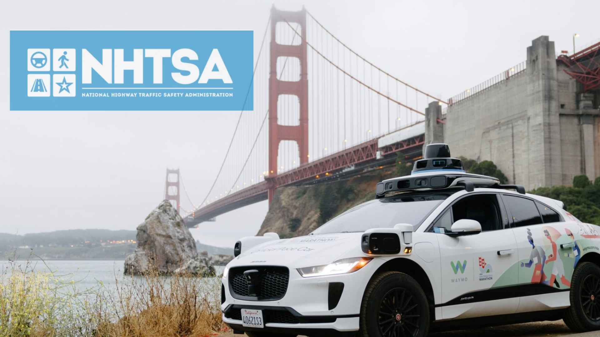 Waymo autonomous vehicle near Golden Gate Bridge with NHTSA logo representing new federal approval rules