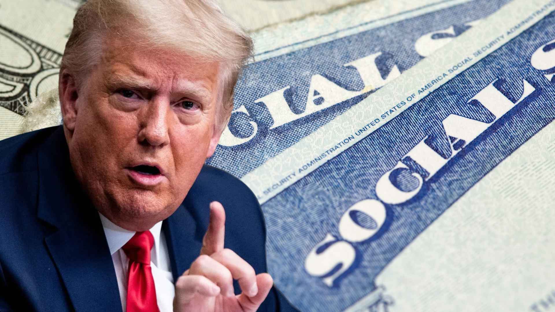 Donald Trump gestures in front of Social Security cards, symbolizing his plan to end taxes on retiree benefits now in Congress