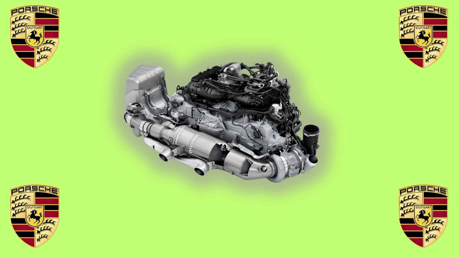 Porsche hydrogen engine concept on green background with brand crests, showing shift from gasoline to zero-emission power.