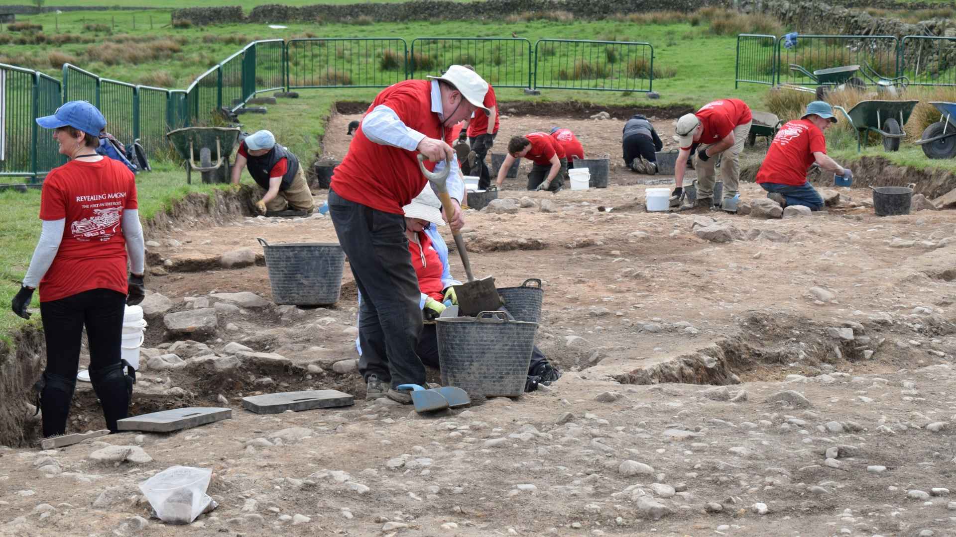 Archaeologists excavating at Magna Roman fort near Hadrian’s Wall where a 2,000-year-old Roman sandal was found