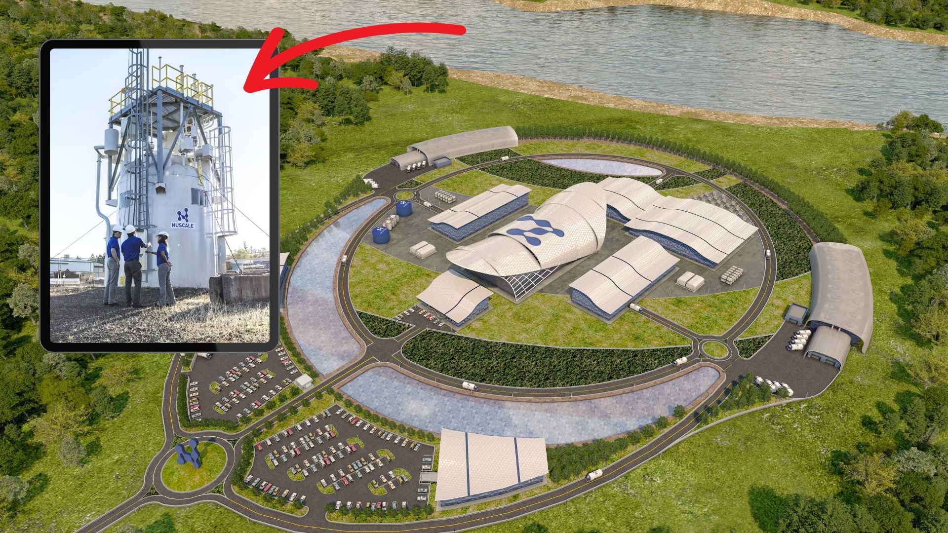 NuScale small modular reactor campus rendering with inset of engineers inspecting a prototype module, part of a $9 billion U.S. project to replace petroleum.