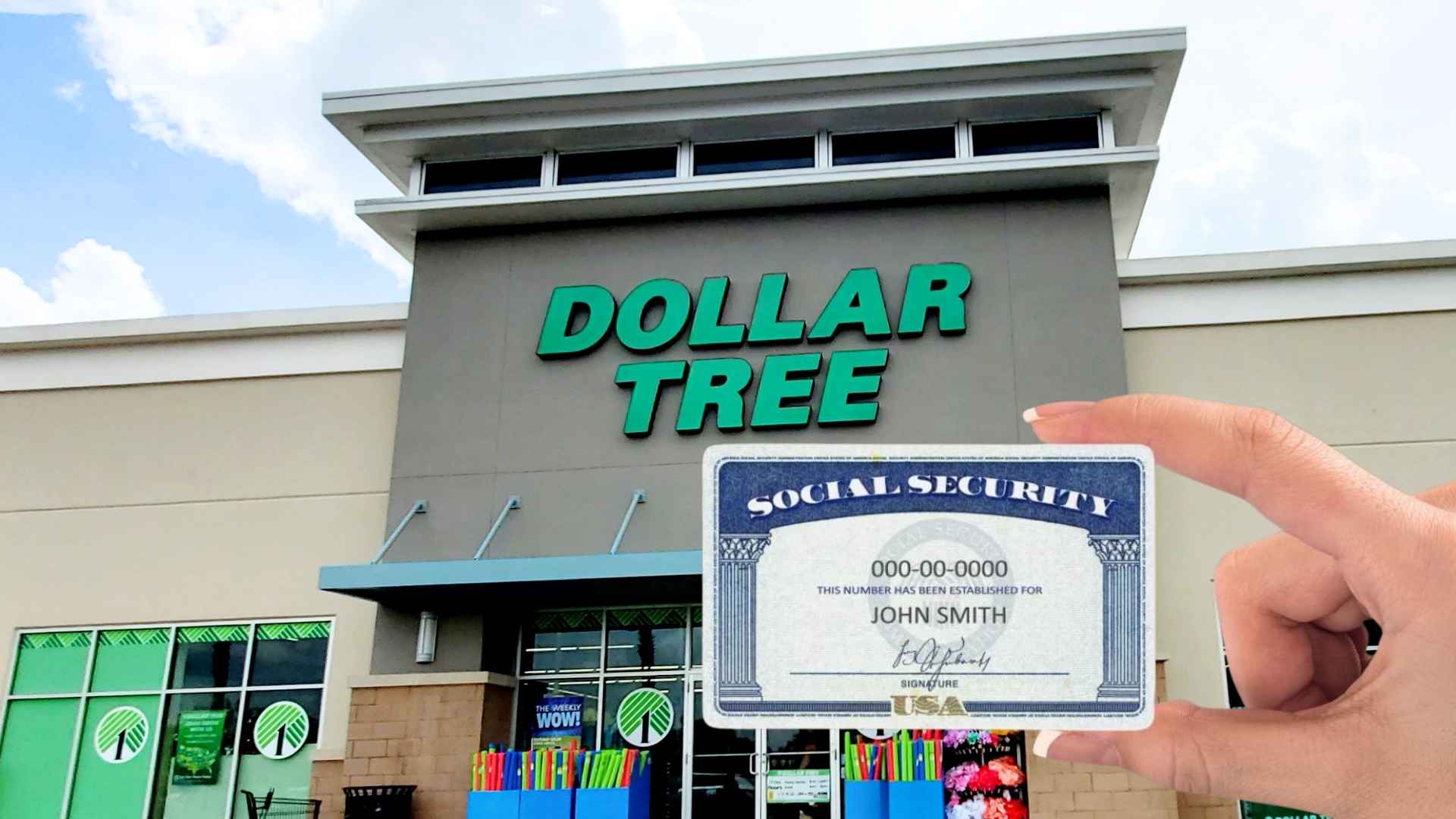 Hand holding Social Security card in front of Dollar Tree store during summer shopping