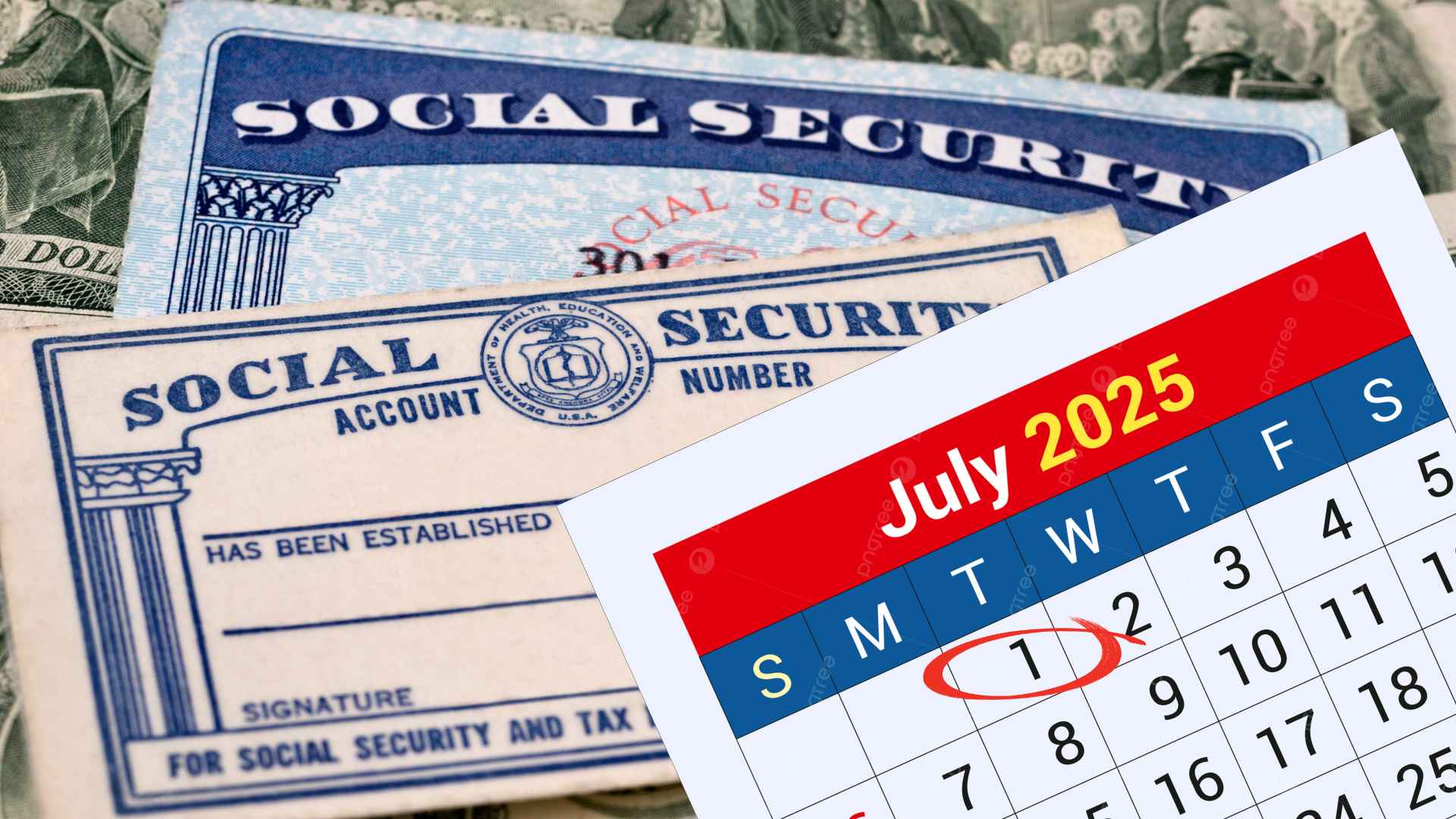 Social Security cards with July 1, 2025 calendar circled for upcoming SSI payment