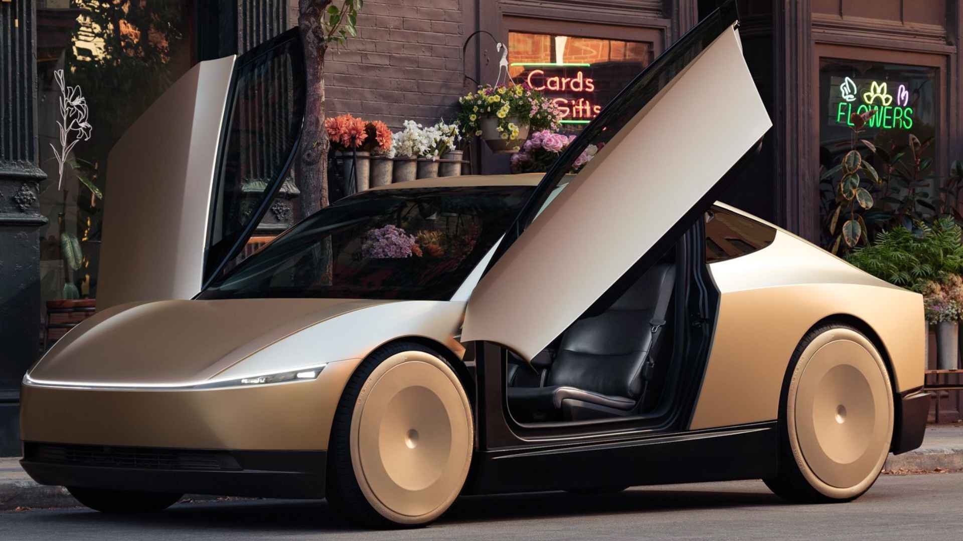 Futuristic Tesla robotaxi with gullwing doors parked in Austin in front of flower shop