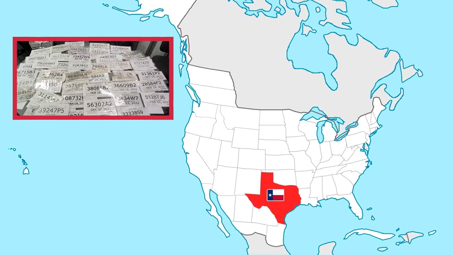 Map of North America with Texas highlighted and an inset pile of counterfeit paper license plates, signaling the DMV’s July 1 switch to metal tags.