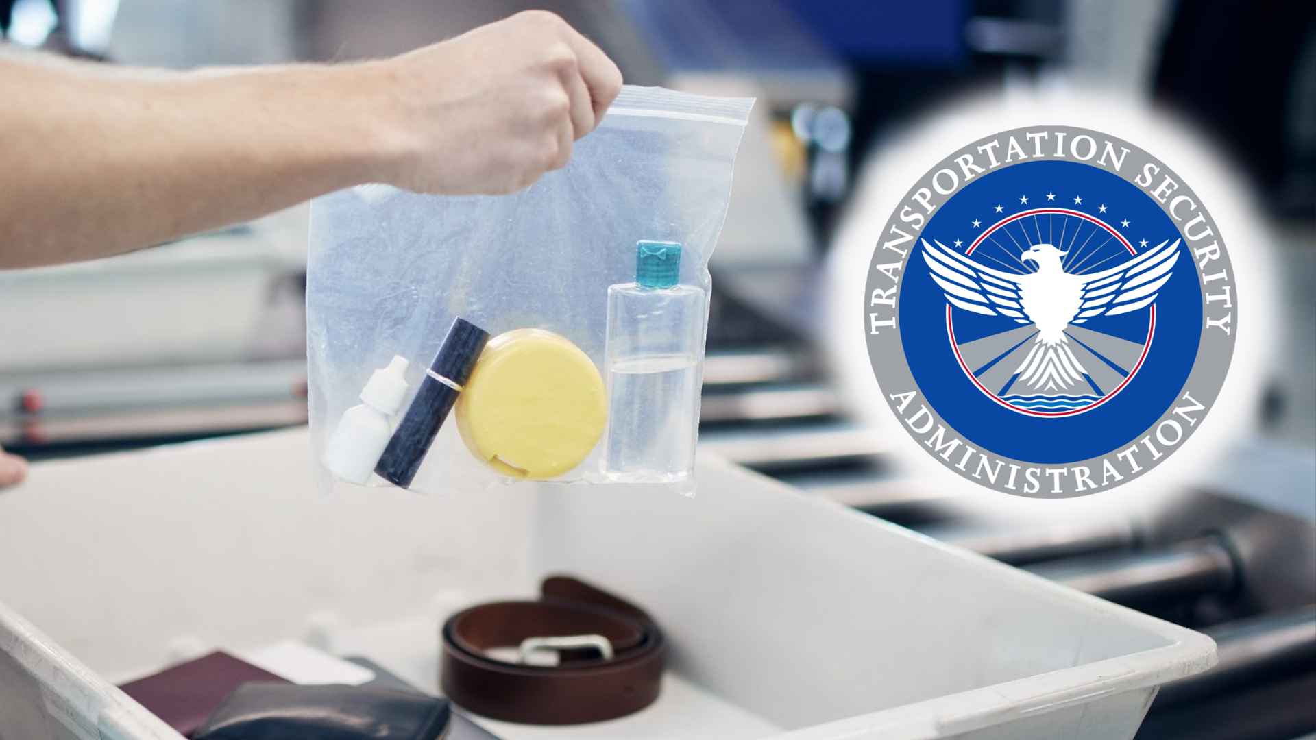 Traveler’s hand shows a quart-size bag of 100 ml toiletries at an airport checkpoint, illustrating the TSA 3-1-1 liquid rule.