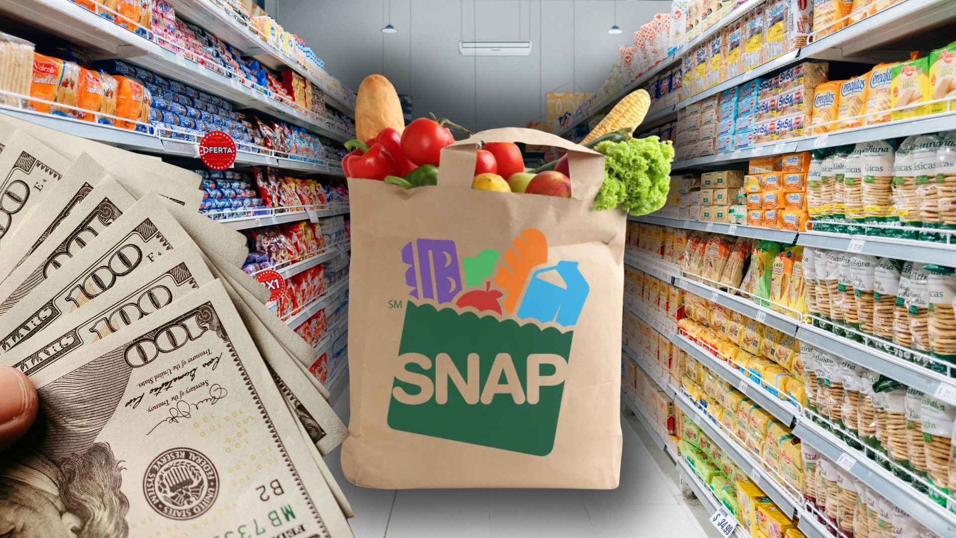 Grocery store aisle with SNAP shopping bag and cash, representing $1,756 in food benefits and Social Security payments