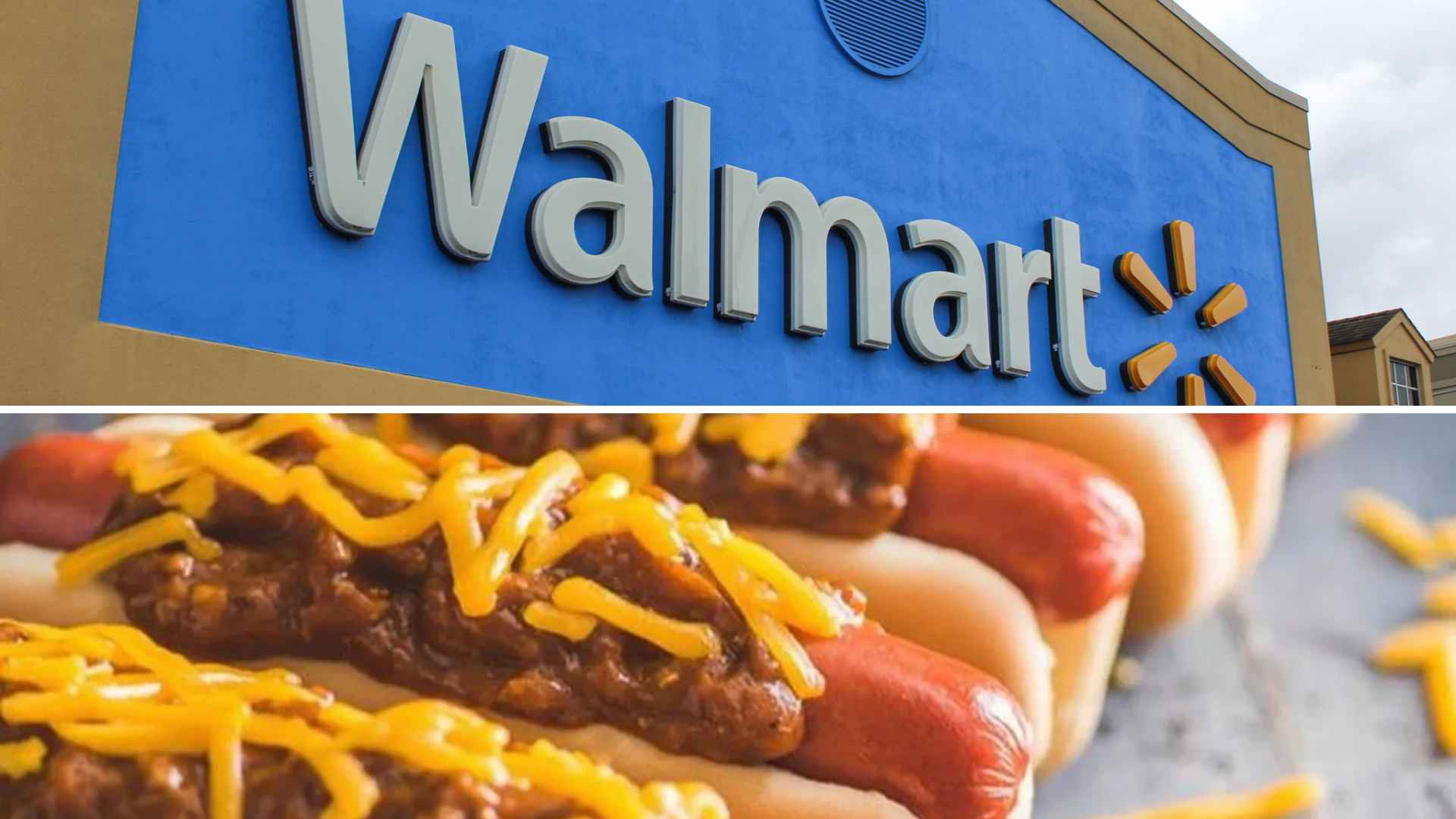 Blue Walmart storefront sign above Wienerschnitzel chili cheese dogs, illustrating their new in-store fast-food partnership