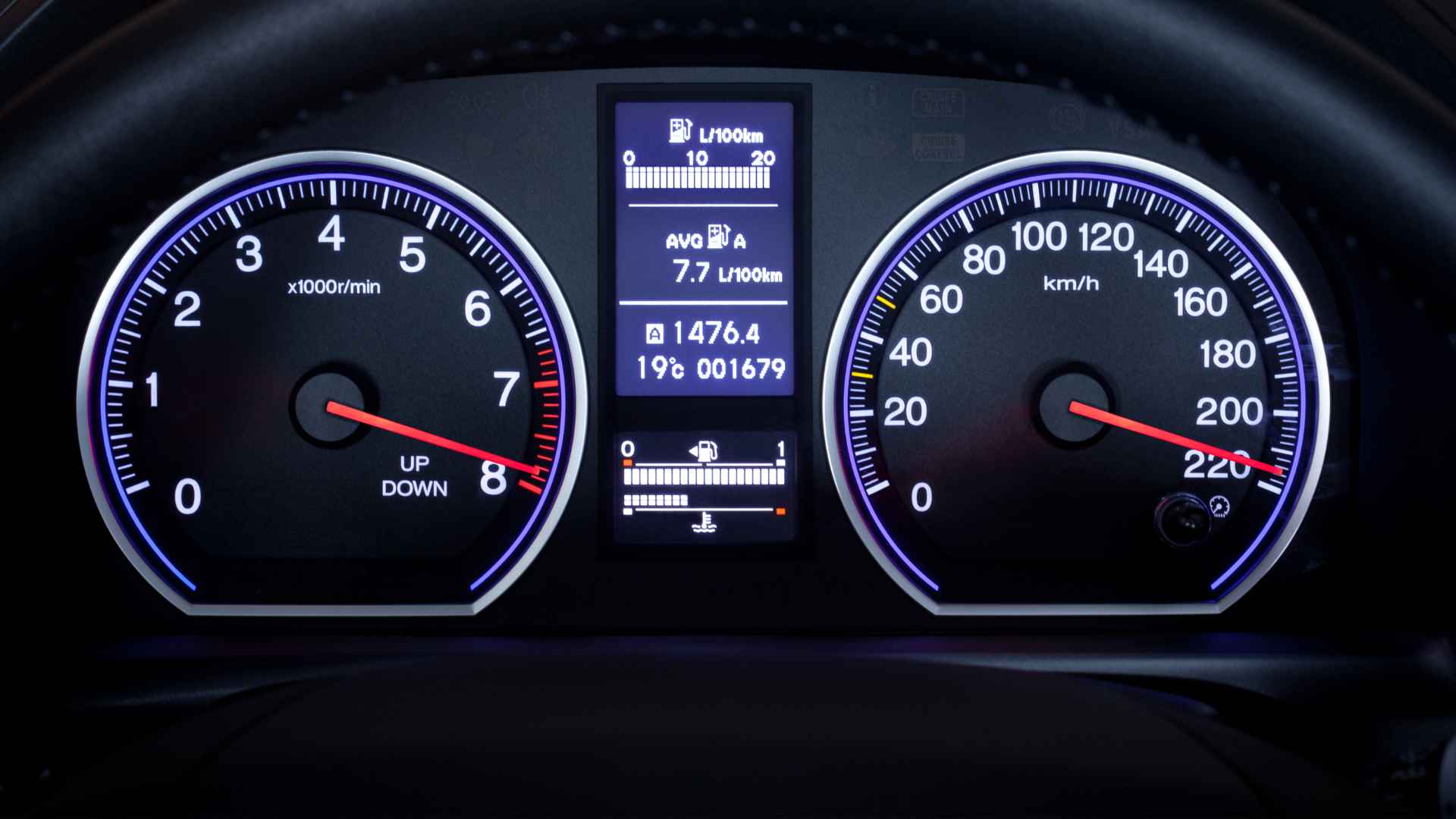 Close-up of an illuminated car dashboard with tachometer and speedometer, symbolizing GPS speed caps under Washington’s new law.