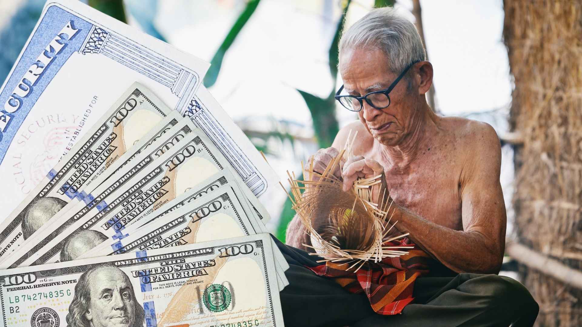Elderly man weaving basket while receiving Social Security income with cash and benefits documents in background
