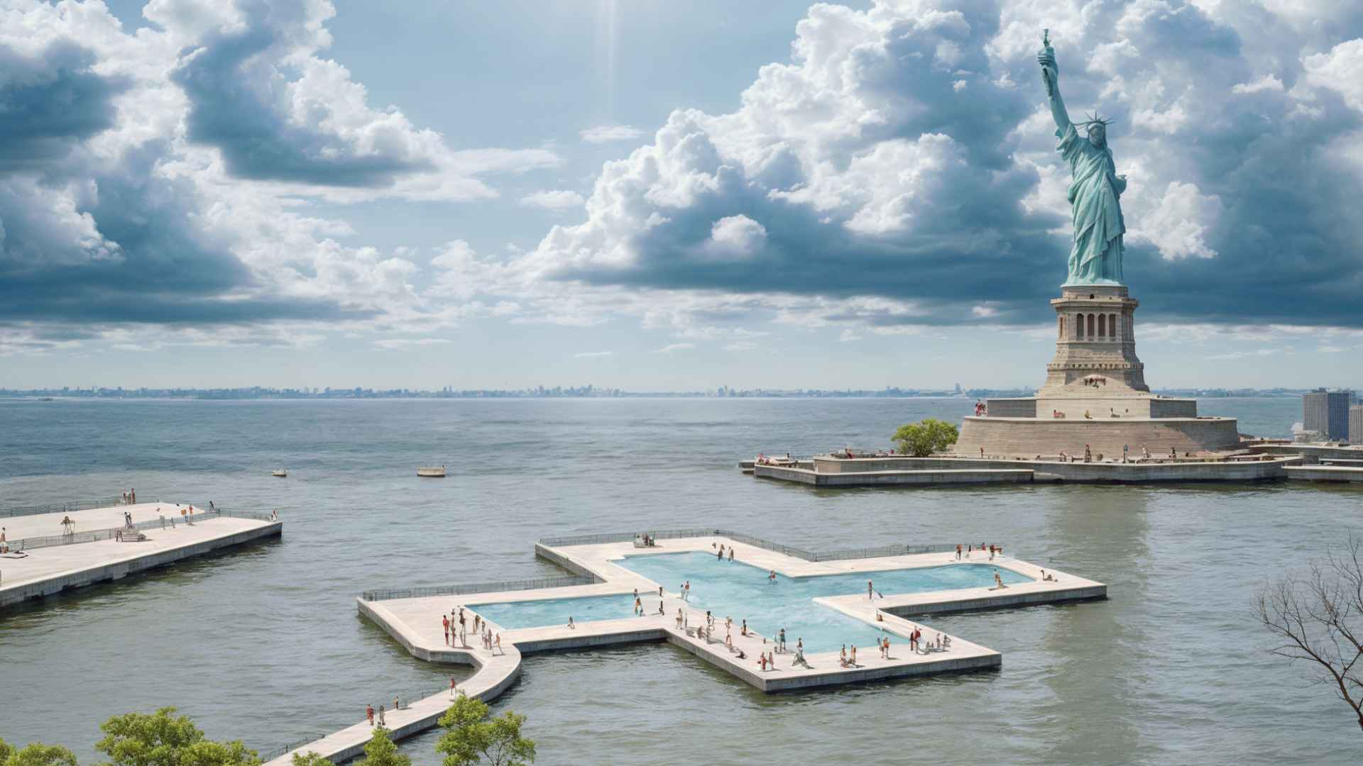 Plus-shaped floating pool in New York Harbor near the Statue of Liberty, offering clean river swimming.