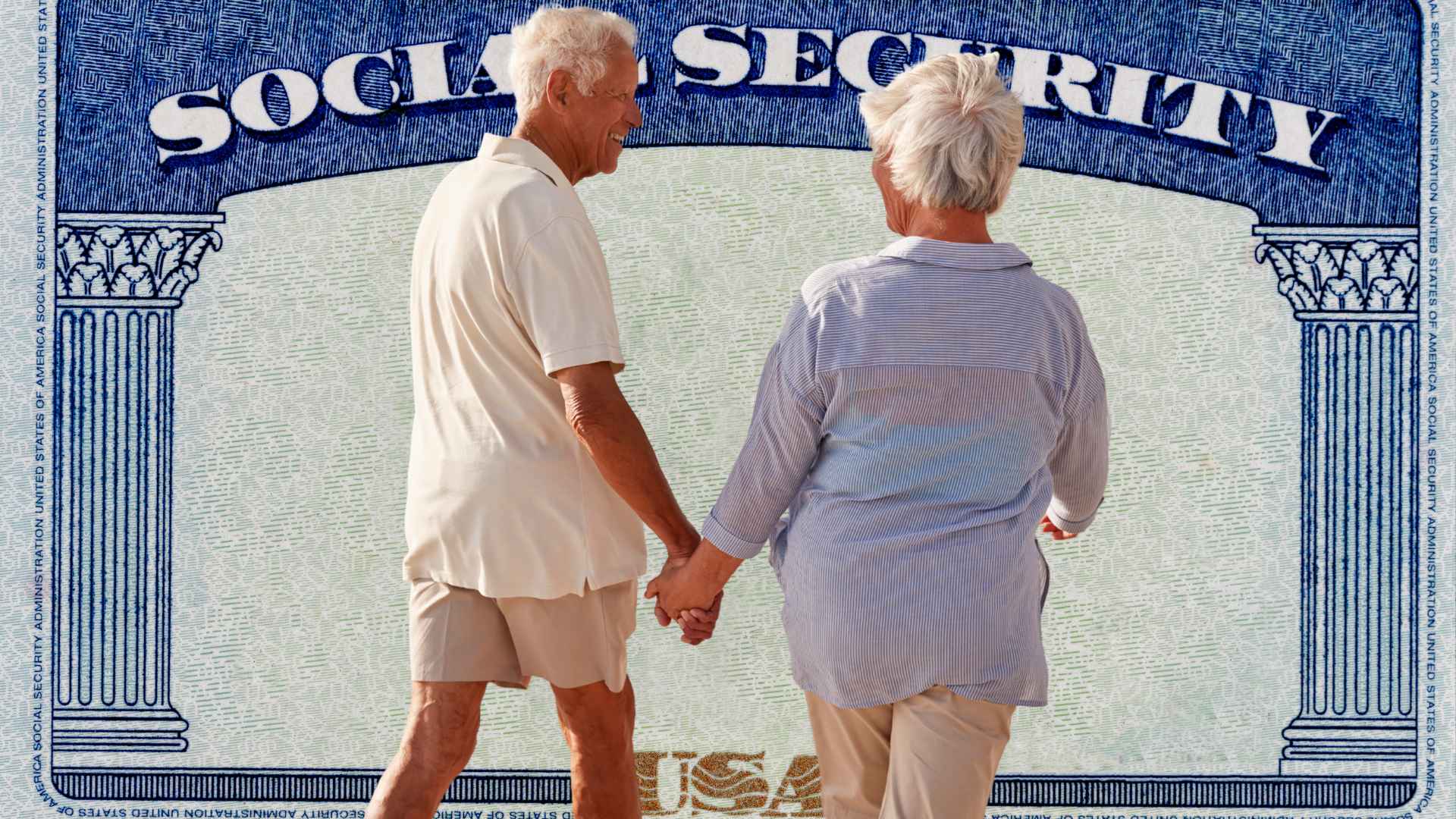 Senior couple holding hands in front of a large Social Security card illustration, symbolizing retirement planning in the U.S.