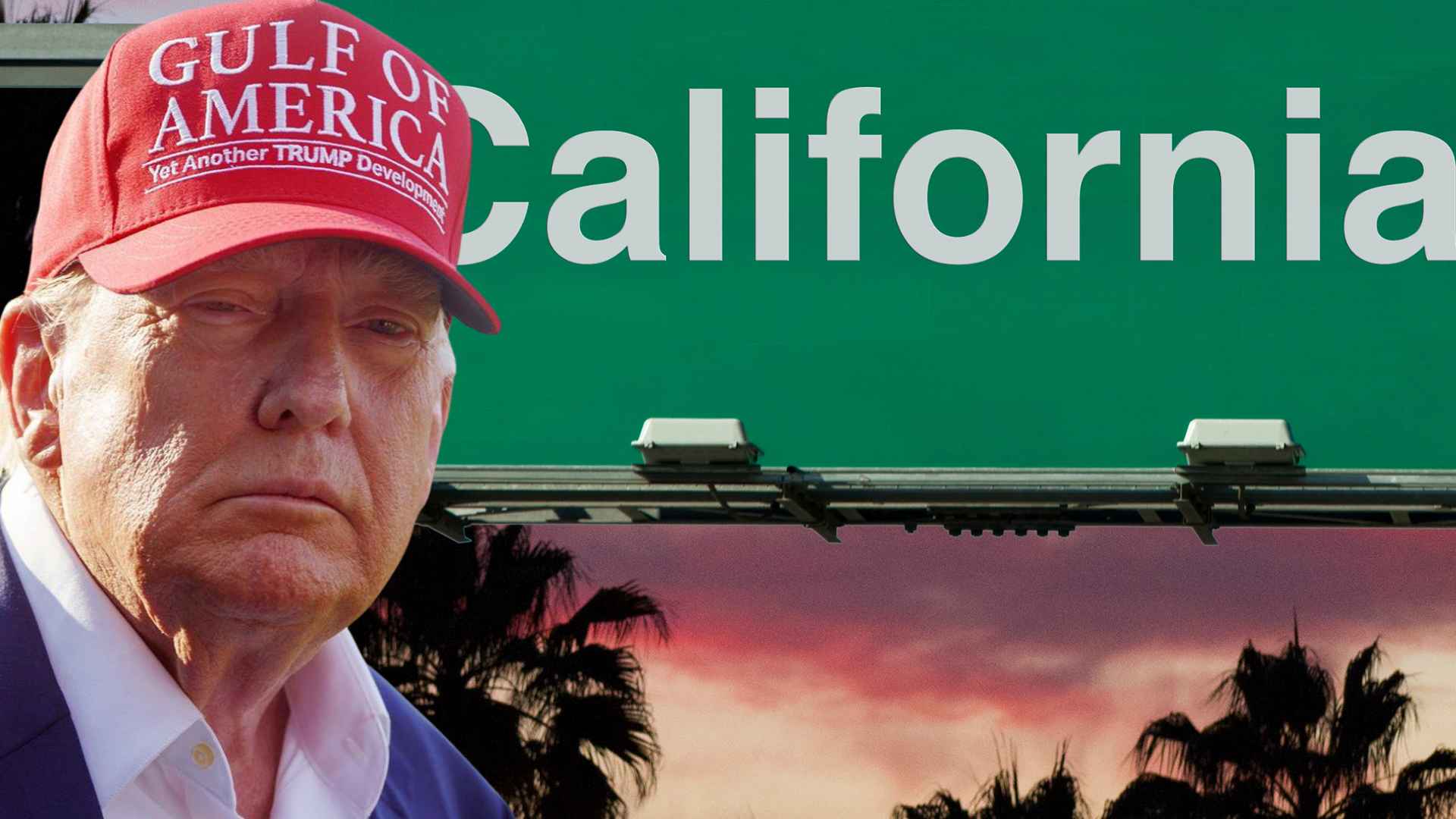 Donald Trump next to California highway sign symbolizing ICE raids' impact on local businesses.
