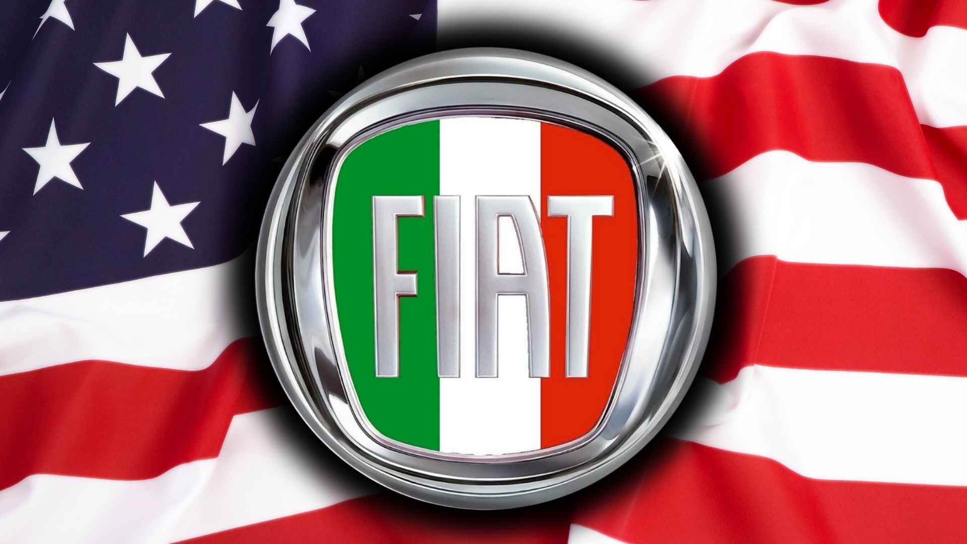 Fiat logo with Italian flag colors over an American flag, symbolizing Fiat's new dolce vita-inspired car colors.