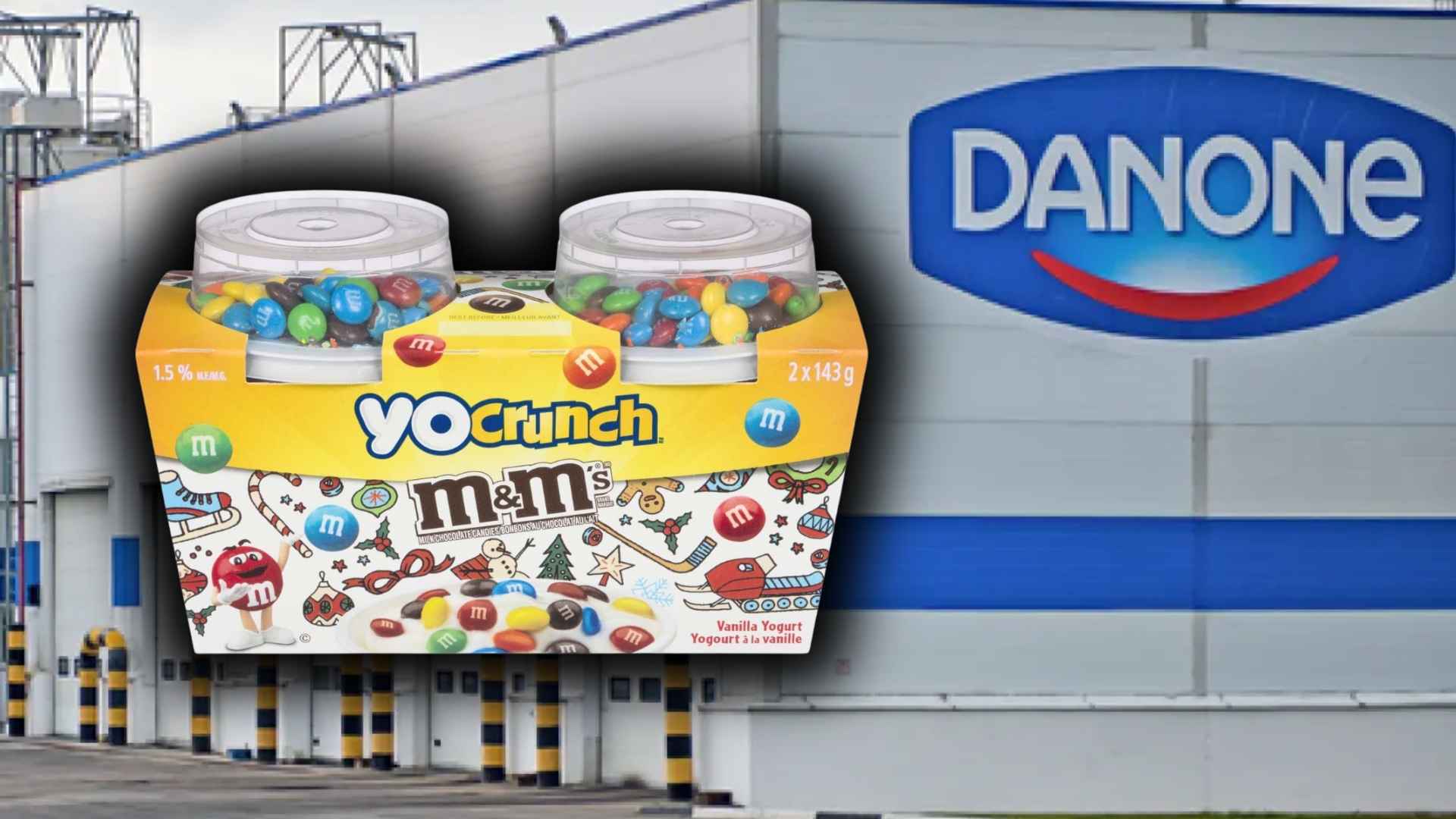 YoCrunch M&M's yogurt packaging with Danone logo, recalled nationwide due to plastic fragments found in product