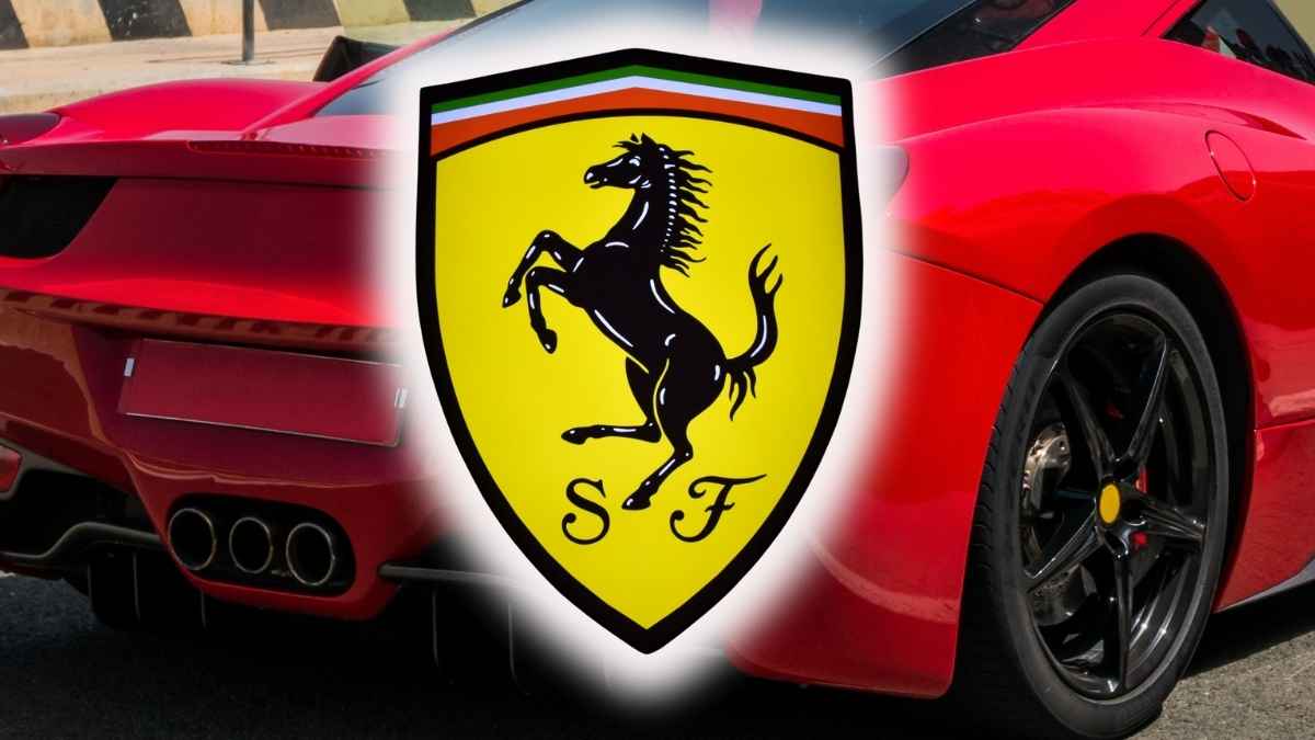 Ferrari logo with a red Ferrari sports car in the background.