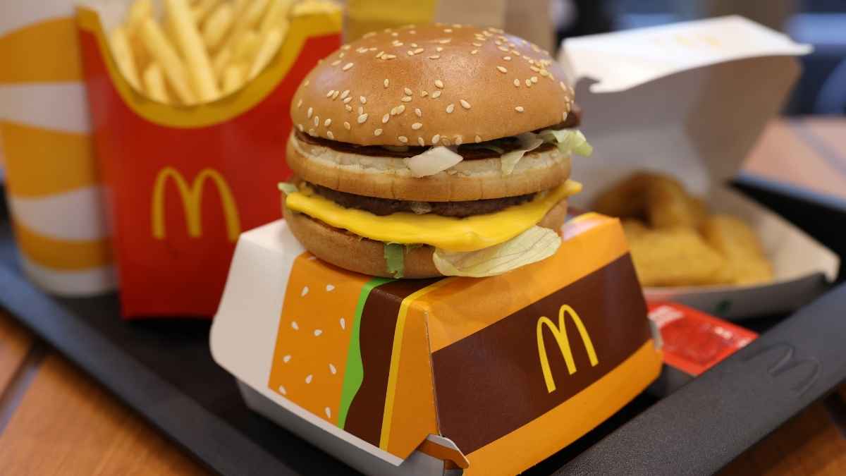 McDonald's burger with sesame seed bun, cheese, lettuce, and a side of fries and chicken nuggets on a tray.