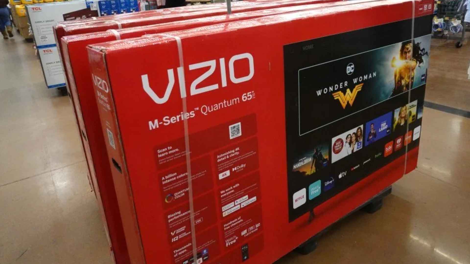 Vizio M-Series Quantum 65-inch TVs displayed at Walmart store after leaving Target and Amazon